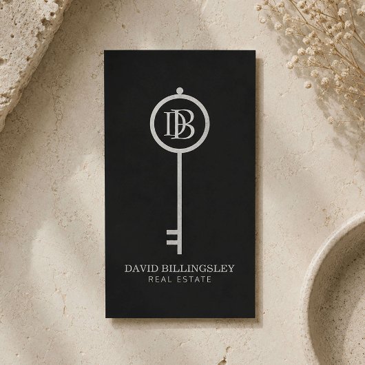 Luxe Gray Skeleton Key Monogram Makelaar Visitekaartje