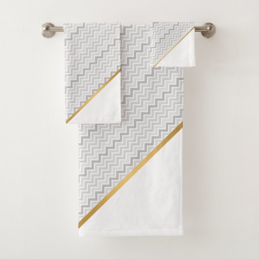 LUXE GRAY WHITE CHEVRON GOLD BATH TOWEL SET BAD HANDDOEK (Insitu)