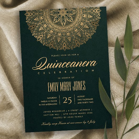 LUXE GREEN GOLD CLASSIC  MANDALA QUINCEANERA KAART