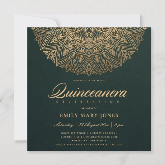 LUXE GREEN GOLD CLASSIC MANDALA QUINCEANERA KAART (Voorkant)