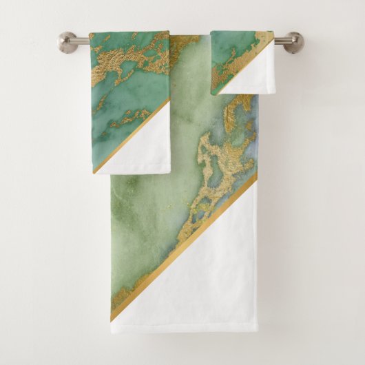 LUXE GREEN GOLD MARBLE ANGLE BATH TOWEL SET BAD HANDDOEK (Insitu)