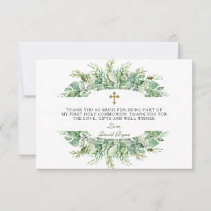 Luxe Greenery Gold Cross Heilige Communie Bedankkaart