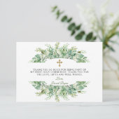 Luxe Greenery Gold Cross Heilige Communie Bedankkaart (Staand voorkant)