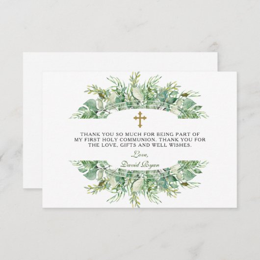 Luxe Greenery Gold Cross Heilige Communie Bedankkaart (Voorkant / Achterkant)
