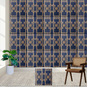 Luxe Grieks sleutelpatroon Tegel in Navy en Gold Tegeltje
