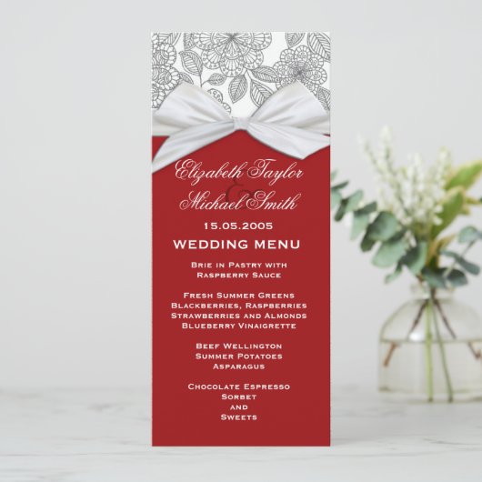 Luxe Grijs Bloemen Damast Rood Bruiloft Menu (Staand voorkant)