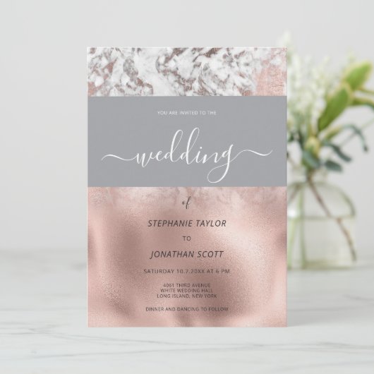 Luxe grijs wit rose goud marmer bruiloft kaart (Staand voorkant)