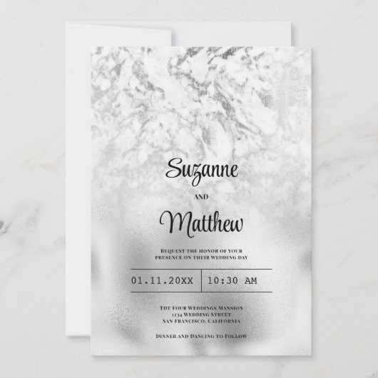 Luxe grijs wit zilver marmer bruiloft kaart (Voorkant)