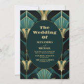 Luxe Groen en Goud Art Deco Bruiloft Kaart (Voorkant)