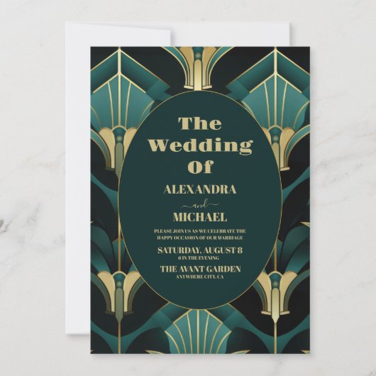 Luxe Groen en Goud Art Deco Bruiloft Kaart (Voorkant)
