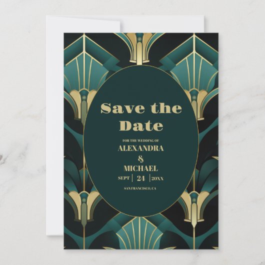 Luxe Groen en Goud Art Deco Bruiloft Save The Date (Voorkant)