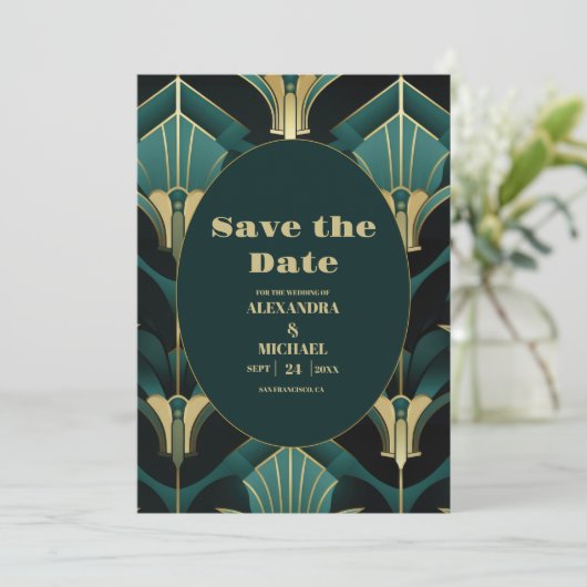 Luxe Groen en Goud Art Deco Bruiloft Save The Date (Staand voorkant)