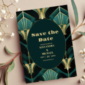 Luxe Groen en Goud Art Deco Bruiloft Save The Date