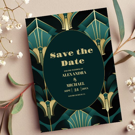 Luxe Groen en Goud Art Deco Bruiloft Save The Date