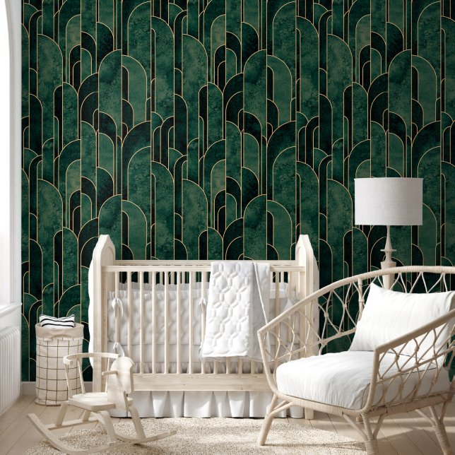 Luxe groen en goud Art Deco Patroon Behang (Kinderen)