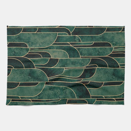 Luxe groen en goud Art Deco Patroon Theedoek (Horizontaal)