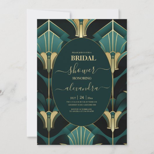 Luxe Groen en Goud Art Deco Vrijgezellenfeest Kaart (Voorkant)