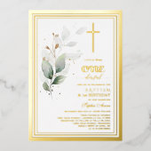 Luxe groen Eucalyptus eerste verjaardag doop Folie Uitnodiging (Voorkant)