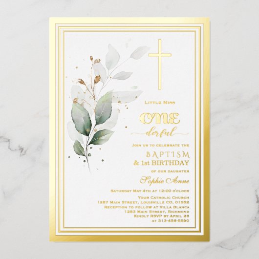 Luxe groen Eucalyptus eerste verjaardag doop Folie Uitnodiging (Voorkant)