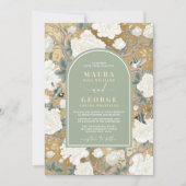 Luxe Groen Goud Chinoiserie Bloemvogels Bruiloft Kaart (Voorkant)