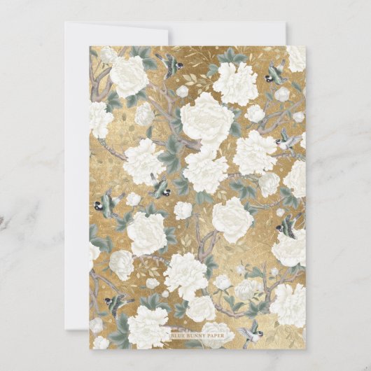Luxe Groen Goud Chinoiserie Bloemvogels Bruiloft Kaart (Achterkant)