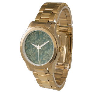 Luxe Groen Goud Tropisch Bladeren Patroon Horloge