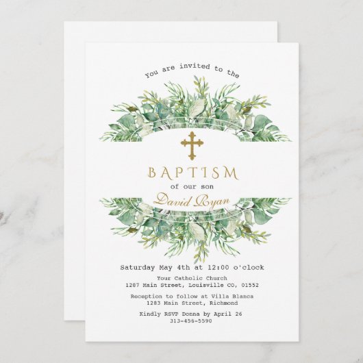 Luxe groen gouden kruisdoop kaart (Voorkant / Achterkant)