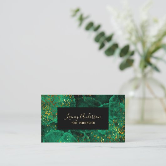 Luxe groen zwart en faux goud folie glitter visitekaartje (Staand voorkant)