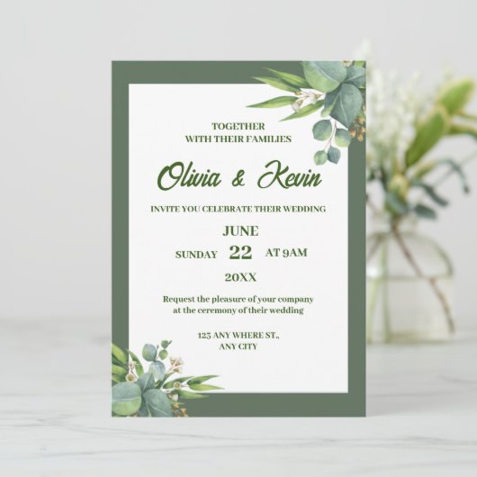 Luxe groene bruiloft uitnodiging (Staand voorkant)