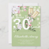 Luxe Groene Champagne Floral 30e Verjaardagsfeest Kaart (Voorkant)