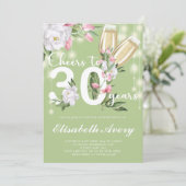 Luxe Groene Champagne Floral 30e Verjaardagsfeest Kaart (Staand voorkant)