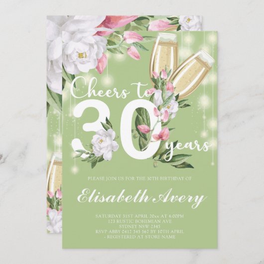 Luxe Groene Champagne Floral 30e Verjaardagsfeest Kaart (Voorkant / Achterkant)