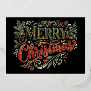 Luxe groene en rode handlettering fotocard folie feestdagenkaart