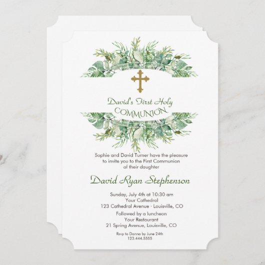 Luxe Groene Gouden Kruis Heilige Communie Kaart (Voorkant / Achterkant)