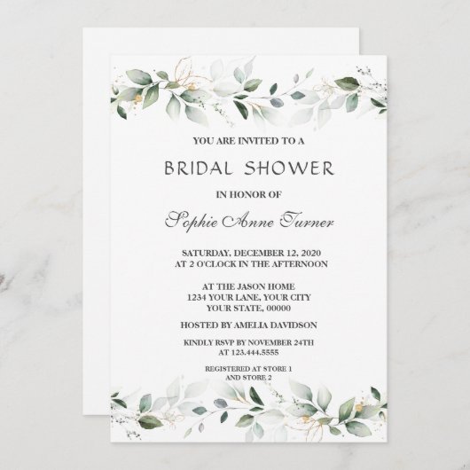 Luxe groene goudkleurige bladeren bruidsdiner kaart (Voorkant / Achterkant)