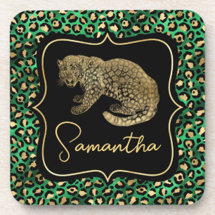 Luxe Groene Luipaardprint Gouden Dieren Monogram Bier Onderzetter