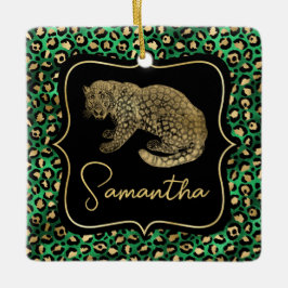 Luxe Groene Luipaardprint Gouden Dieren Monogram Keramisch Ornament