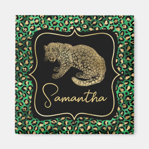 Luxe Groene Luipaardprint Gouden Dieren Monogram Magneet