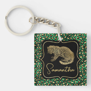 Luxe Groene Luipaardprint Gouden Dieren Monogram Sleutelhanger