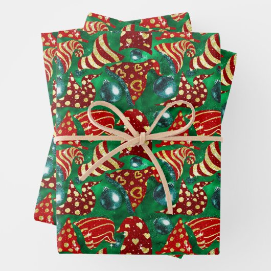 Luxe groene rode faux glitter kabouters pet Kerst Inpakpapier Vel (In situ)