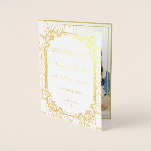 Luxe Grote Gatsby Art Deco Bruiloft Save The Date Folie Kaarten (Voorkant)
