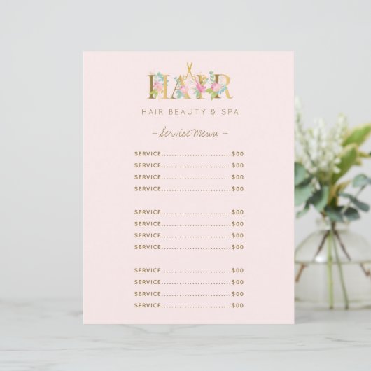 Luxe haarsalon service blush roze menu flyer (Staand voorkant)