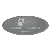 Luxe Haarstylist Grey Leather Look Silver Logo Naambadge (Voorkant)