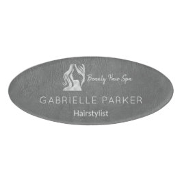 Luxe Haarstylist Grey Leather Look Silver Logo Naambadge