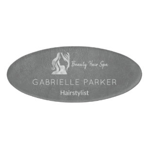 Luxe Haarstylist Grey Leather Look Silver Logo Naambadge