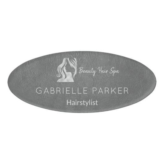 Luxe Haarstylist Grey Leather Look Silver Logo Naambadge (Voorkant)