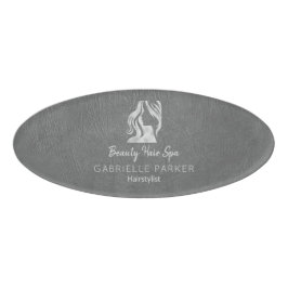 Luxe Haarstylist Grey Leather Look Silver Logo Naambadge