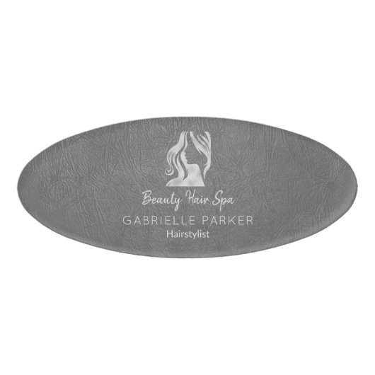 Luxe Haarstylist Grey Leather Look Silver Logo Naambadge (Voorkant)