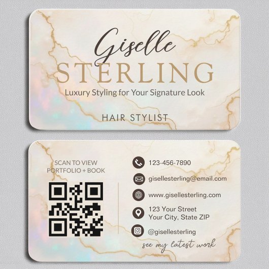 Luxe Hair Stylist Pearl Opal Gold Script Visitekaartje