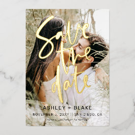 Luxe handgeschreven scriptfoto slaat de datum op folie uitnodiging